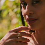 model wearing the Raindrop Ring 9k Gold and the diamond open ring in solid gold
