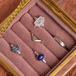 Rectangle Moonstone & White Sapphire Ring Sterling Silver in pink jewellery box along with other sterling silver rings