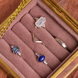 Rectangle Moonstone & White Sapphire Ring Sterling Silver in pink jewellery box along with other sterling silver rings