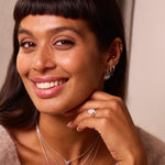 model wearing sterling silver jewellery including the Rectangle Moonstone & White Sapphire Ring Sterling Silver