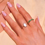 model wearing solid gold rings including the Rectangle Moonstone & Diamond Ring 9k Gold
