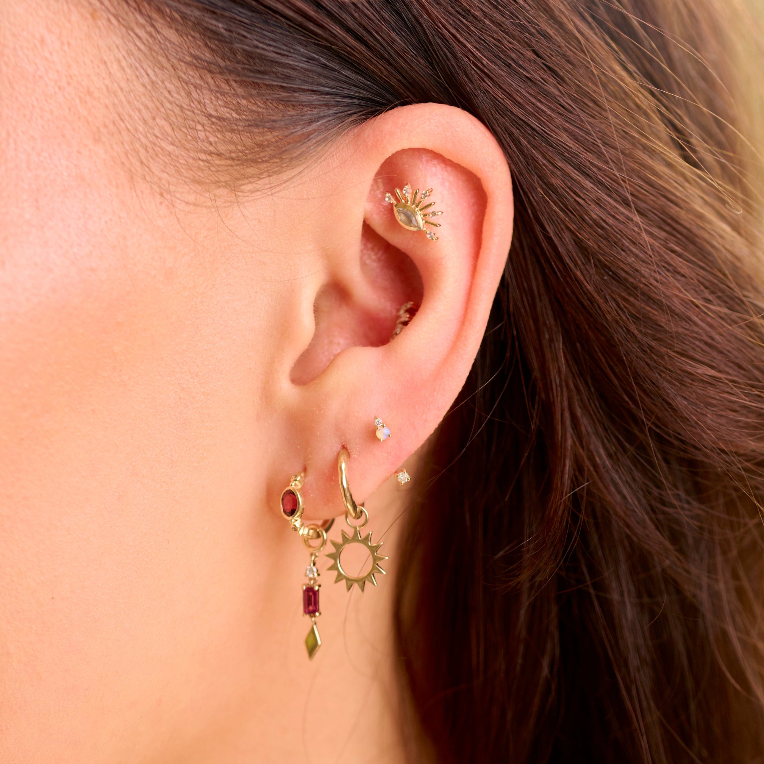 solid gold ear stack including the Rhodolite Garnet & Diamond Earring Charm 9k Gold

