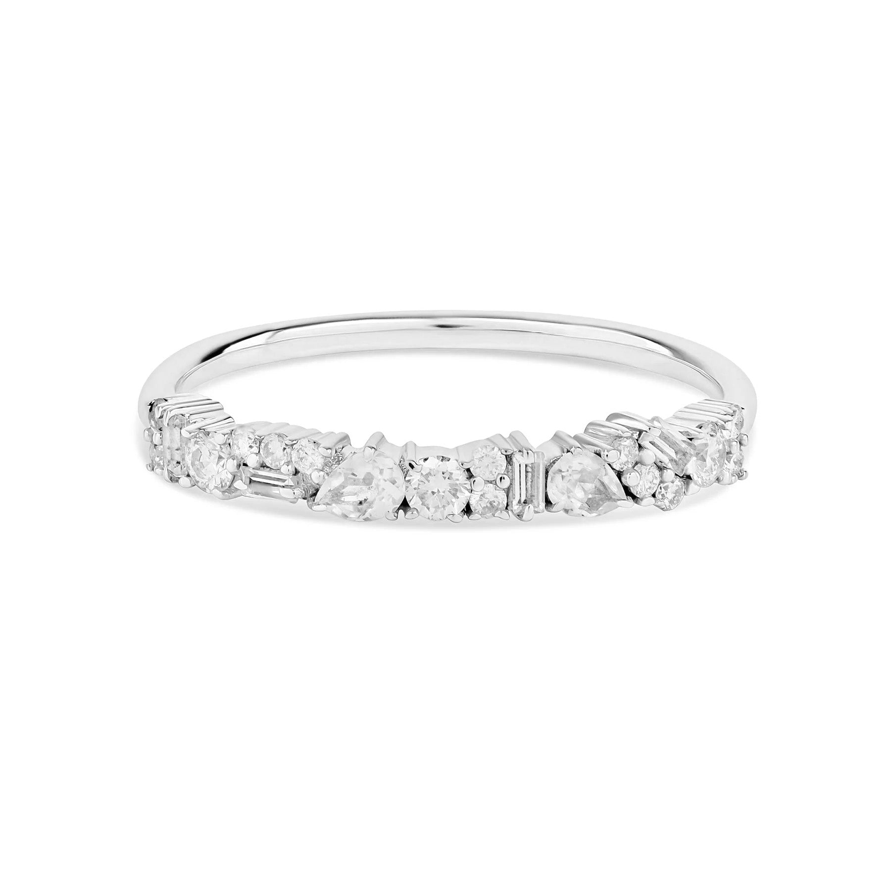 Scattered Diamond & White Topaz Baguette Ring 9k White Gold