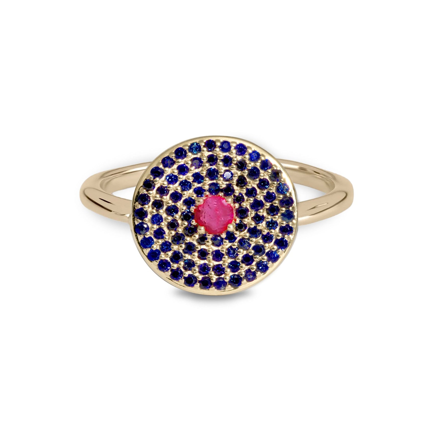 Gold ring with blue and pink gemstones on a white background