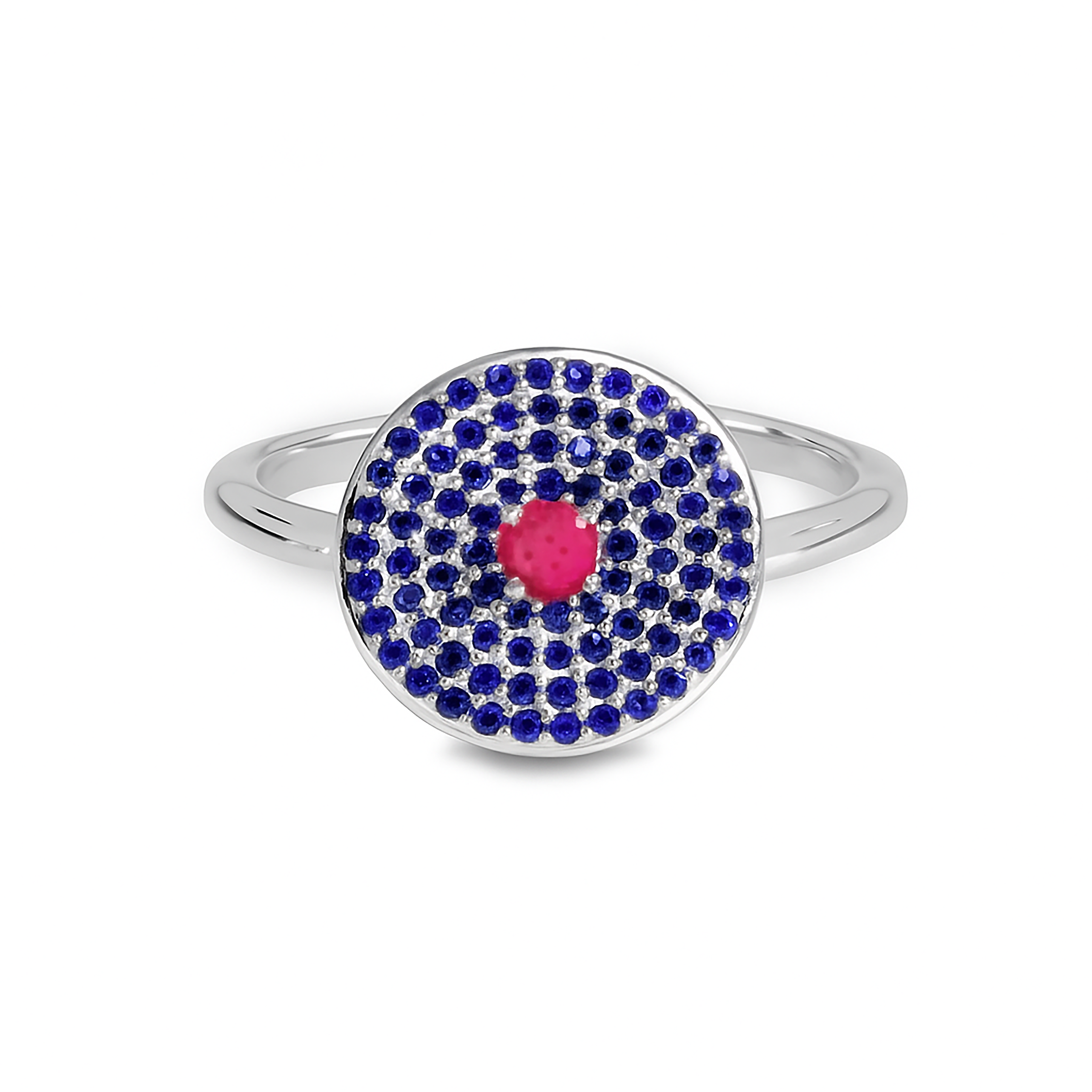 sapphire & ruby ring in white gold on white background