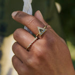model hand showing the Scattered Diamond Band Ring 9k Gold and the diamond & labradorite triangle ring