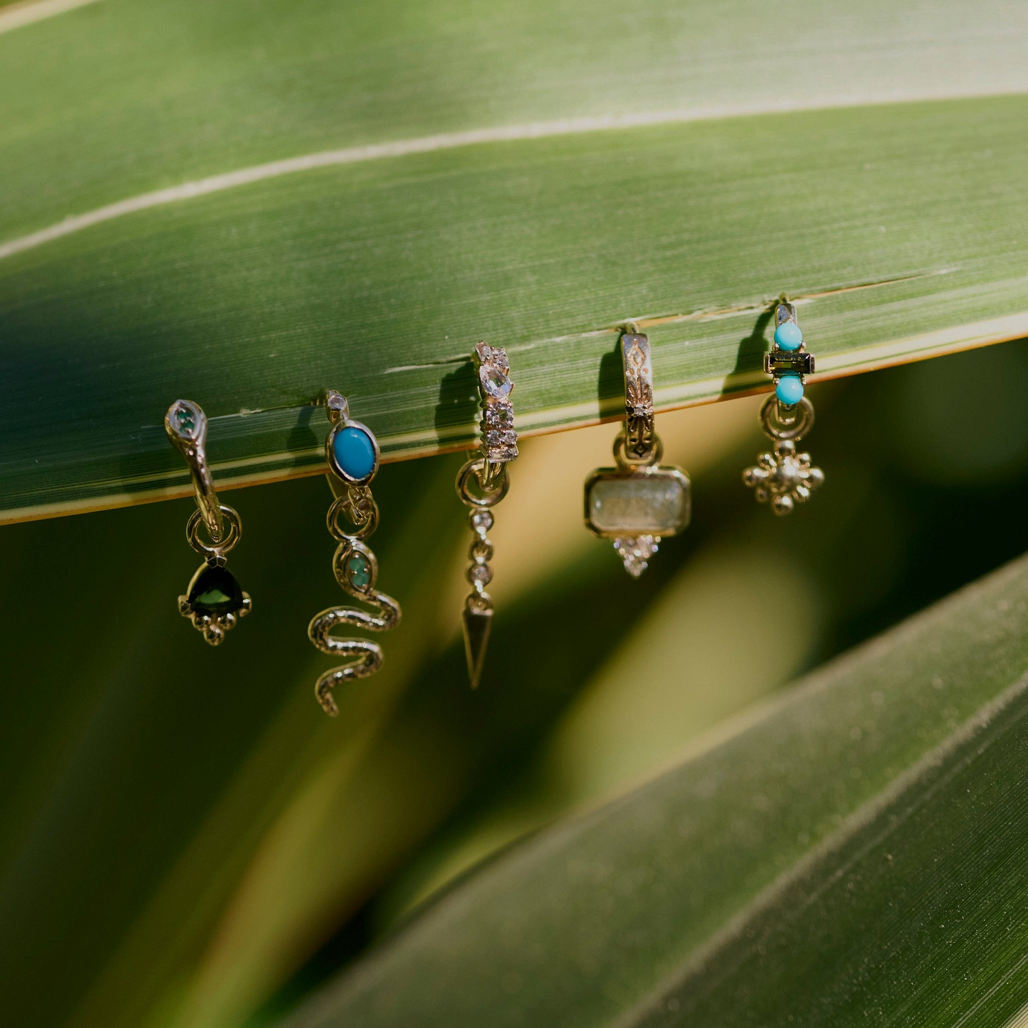 Green Tourmaline & Turquoise Huggie Hoop Earring 9k Gold
