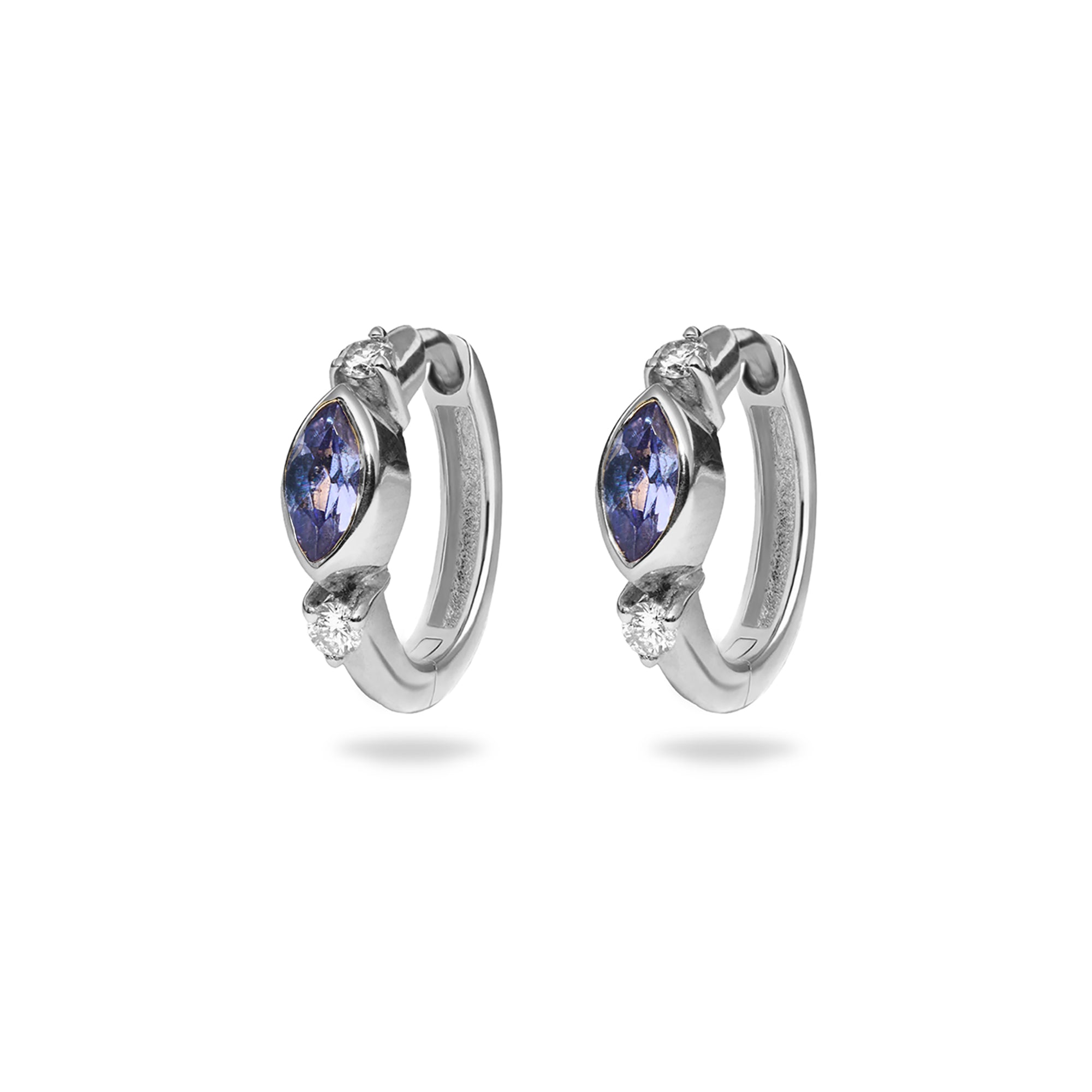 Tanzanite huggies silver white background
