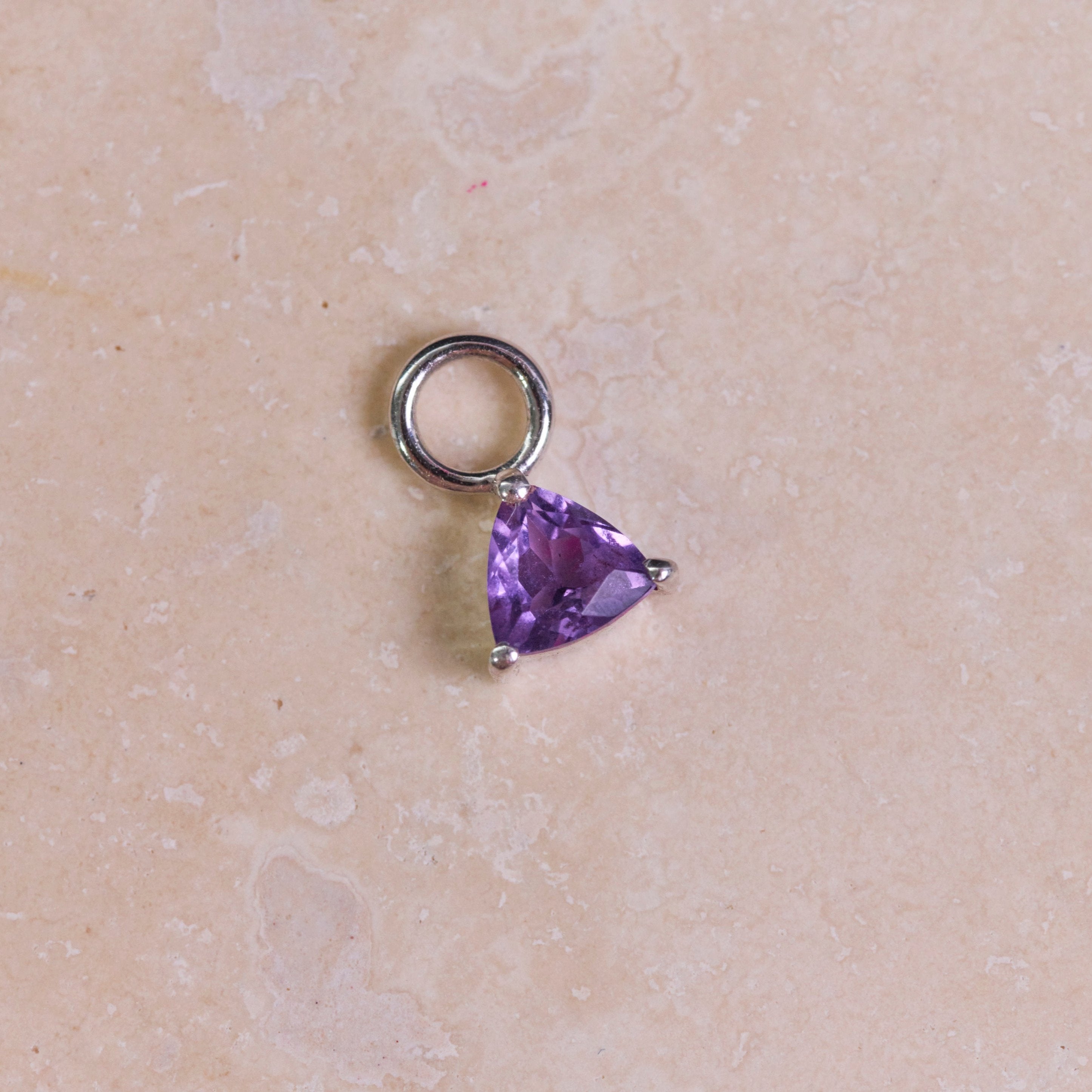 Amethyst Trillion Earring Charm Sterling Silver on hard surface