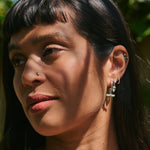 model wearing solid white gold and sterling silver jewellery. including the Turquoise & Green Tourmaline Baguette Flat Back Earring 14k White Gold