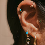 model ear stack showing the Turquoise & Green Tourmaline Baguette Flat Back Earring 9k Gold