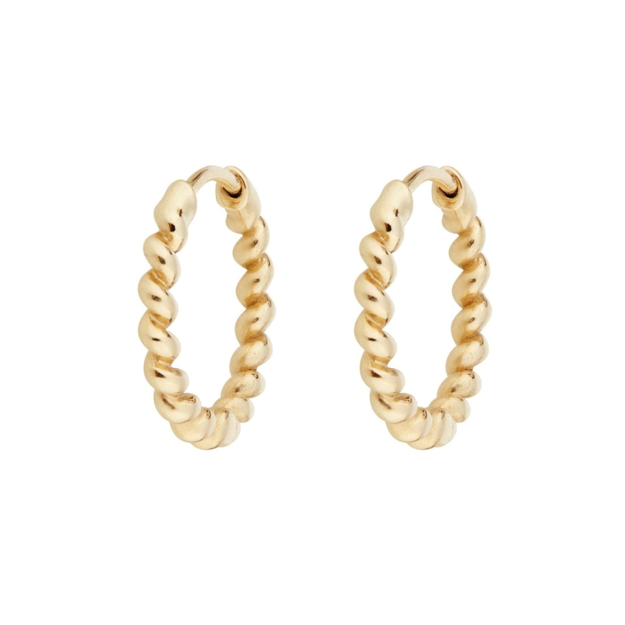 Medium Twisted Huggie Hoop Earring Pair 9k Gold on white background