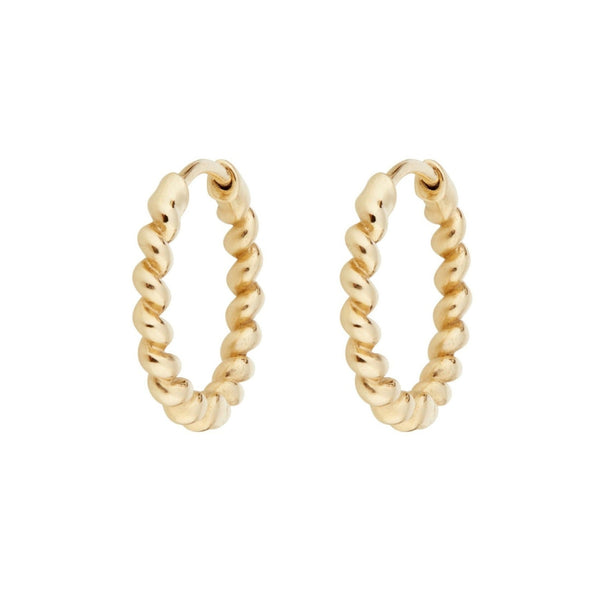 Medium Twisted Huggie Hoop Earring Pair 9k Gold on white background