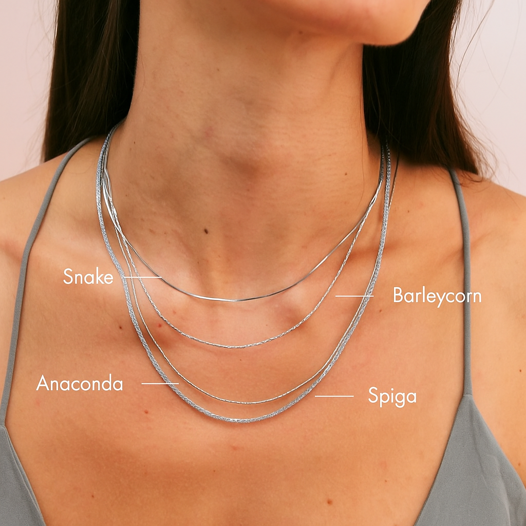 Four silver necklaces labeled 'Snake', 'Barleycorn', 'Anaconda', and 'Spiga' on a person's neck.