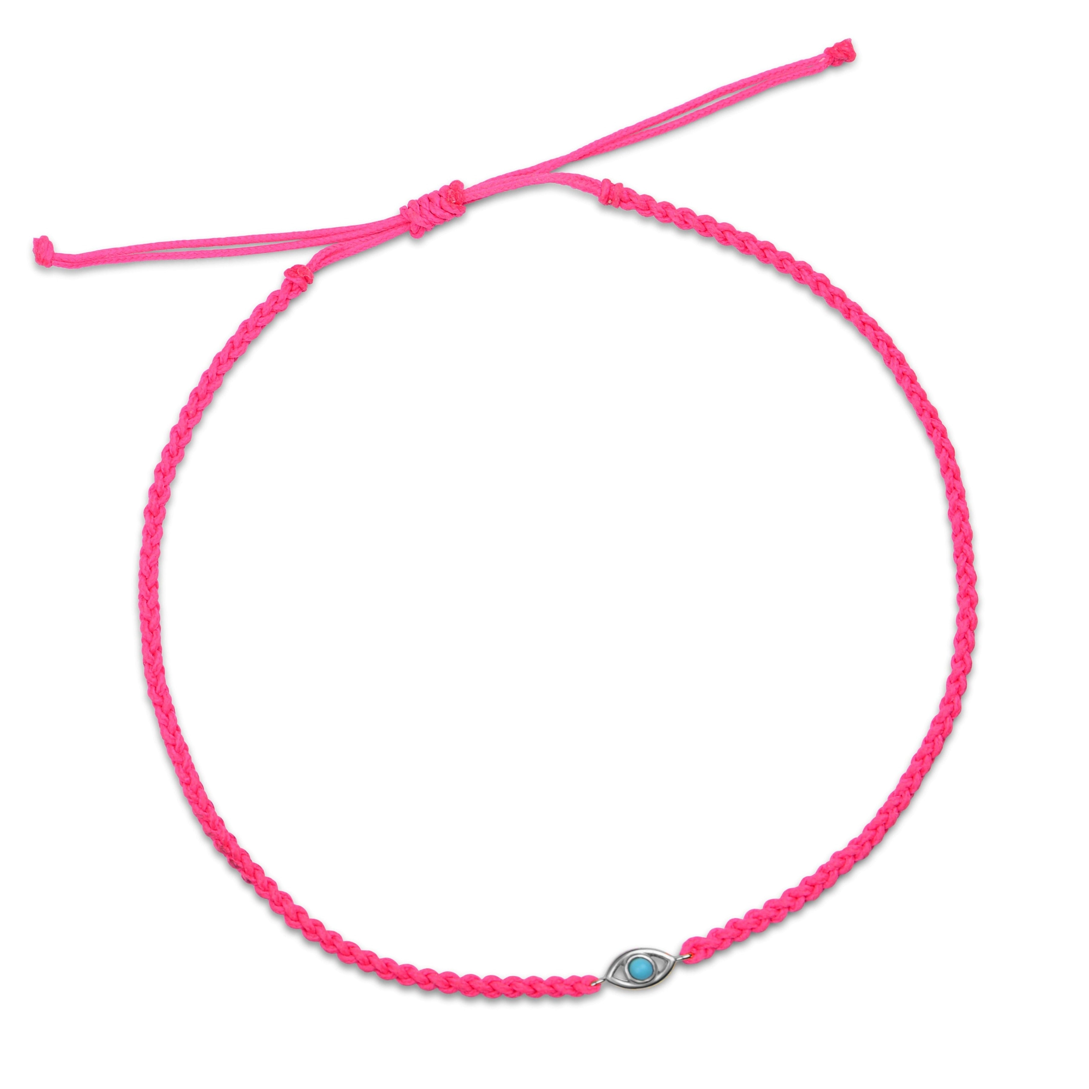 Evil Eye Cord Anklet Neon Pink Sterling Silver