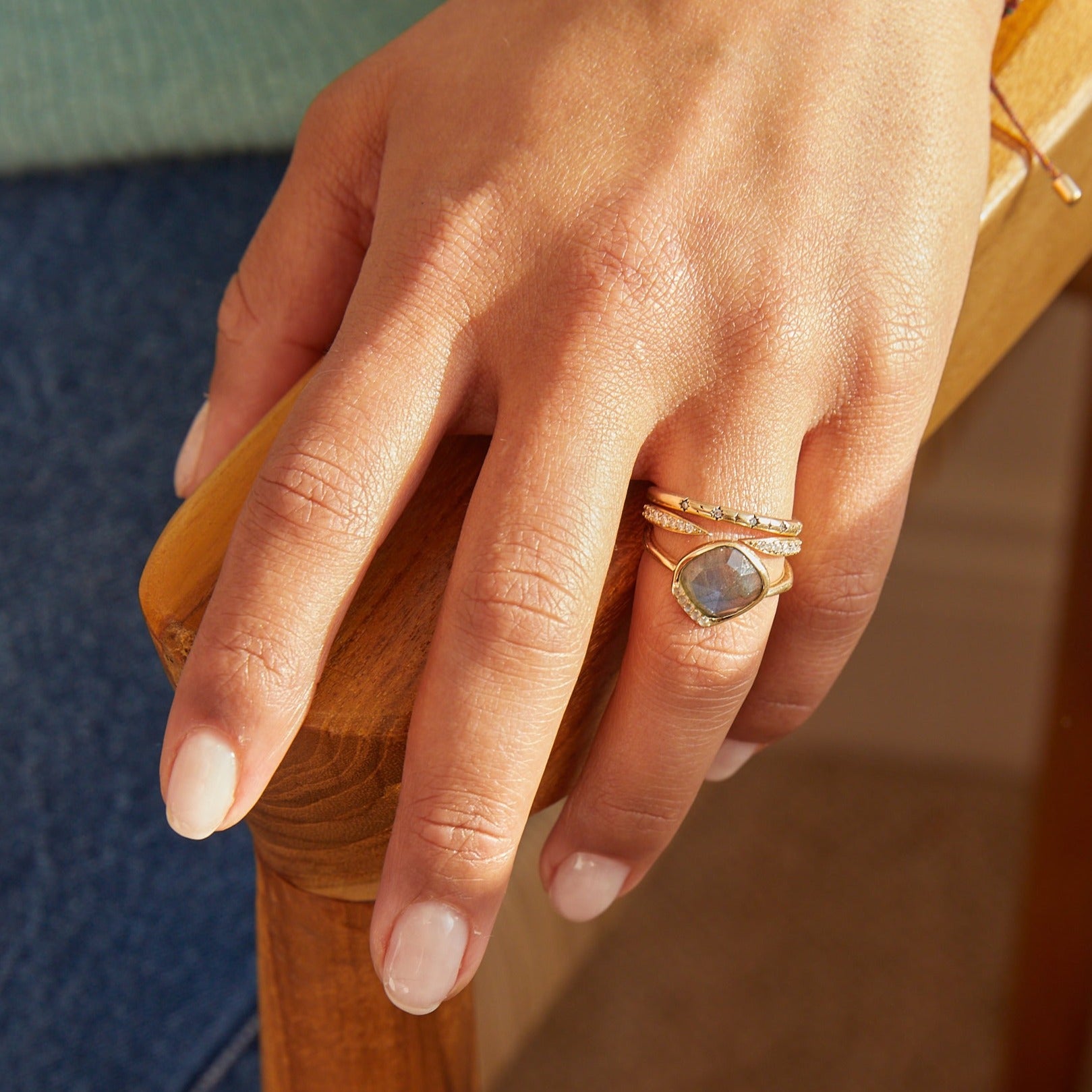 labradorite gold ring on model