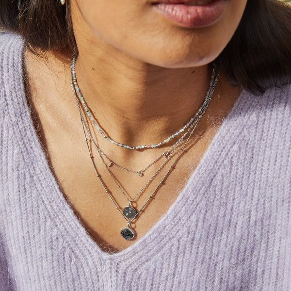 close up of silver necklaces including the Amazonite, Labradorite & Amethyst Beaded Necklace Sterling Silver