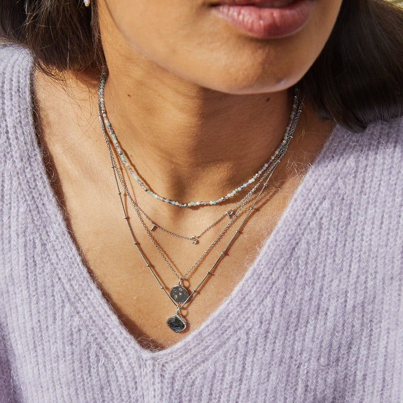 close up of silver necklaces including the Amazonite, Labradorite & Amethyst Beaded Necklace Sterling Silver