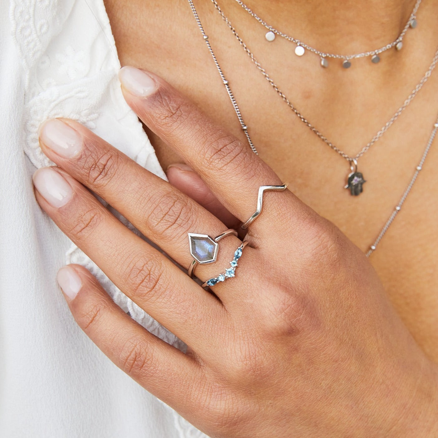 Sterling Silver Rings on model including the Labradorite Kite Ring Sterling Silver