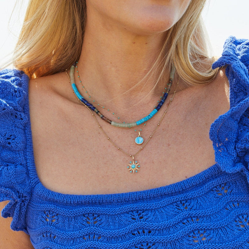 Turquoise Bezel Coin Necklace 9k Gold