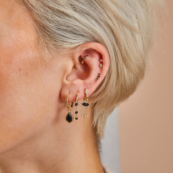 Black Onyx & Diamond Eye Hoop Earrings 9k Gold