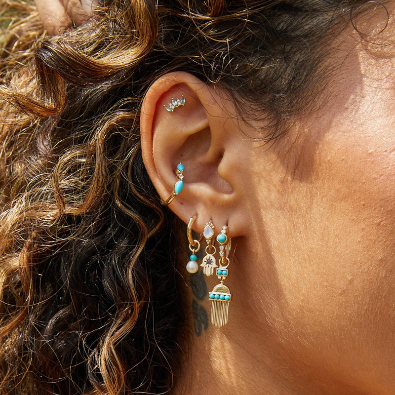 solid gold earring stack including the Pearl & Turquoise Earring Charm 9k Gold