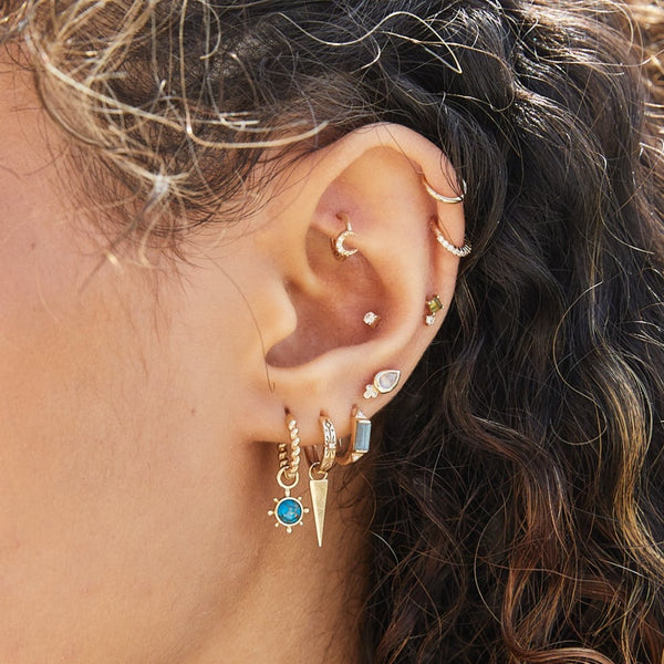 solid gold earring stack including the Copper Turquoise Earring Charm 9k Gold