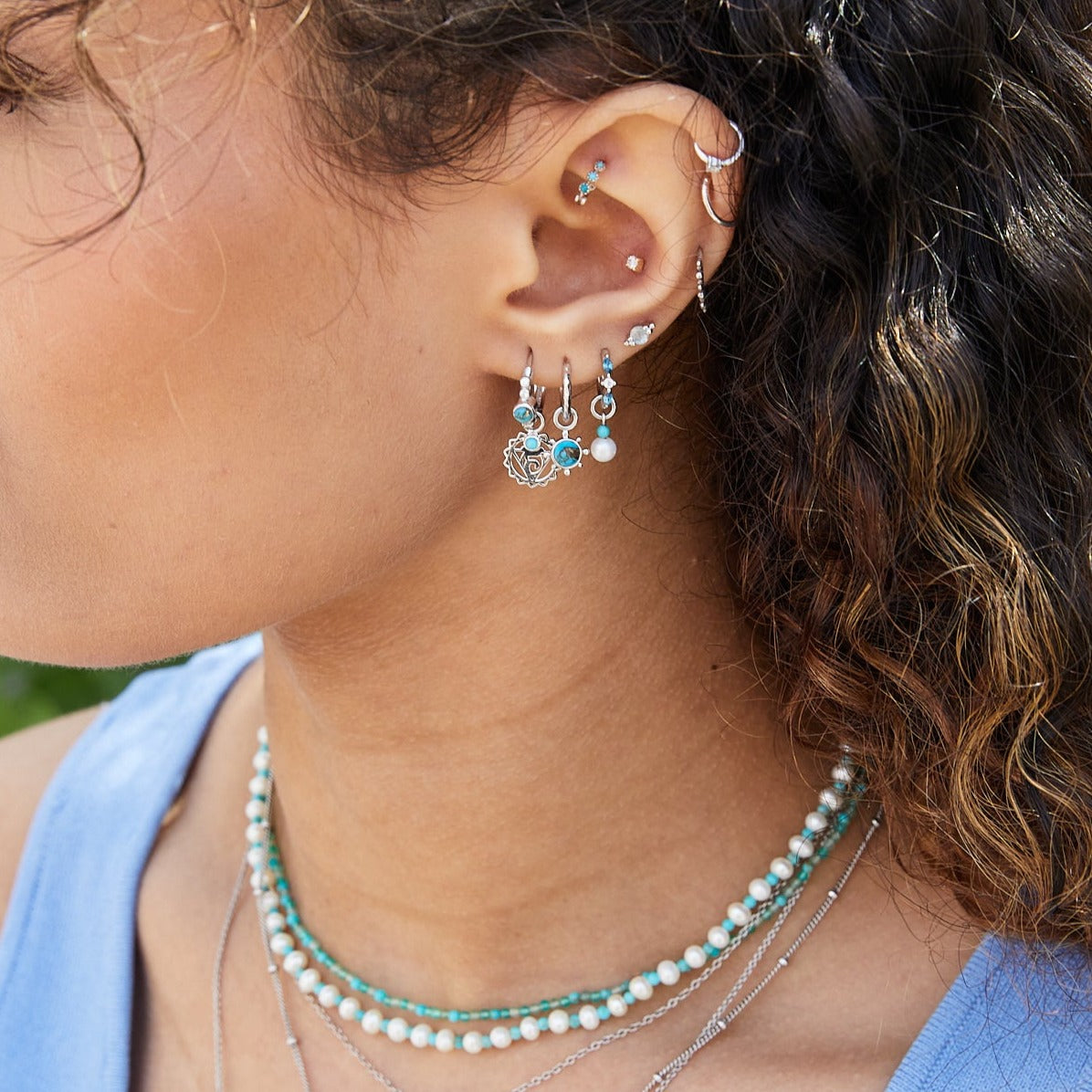 sterling silver ear stack including the Copper Turquoise Earring Charm Sterling Silver