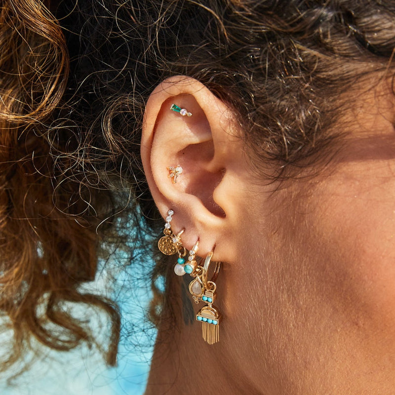 solid gold earring stack including the Emerald, Sapphire & Diamond Flat Back Earring 14k Gold