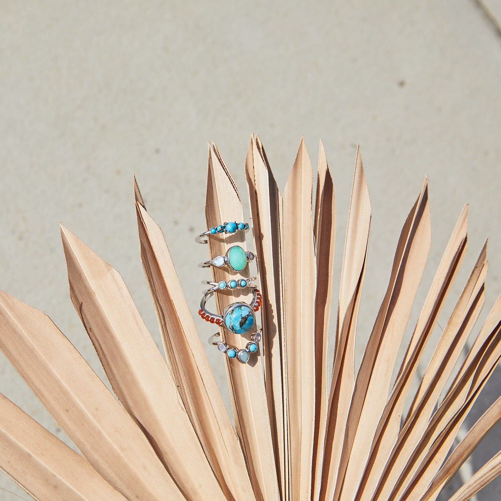 sterling silver rings displayed on plant leaf including the Semi-Precious Stone Hugging Ring Sterling Silver