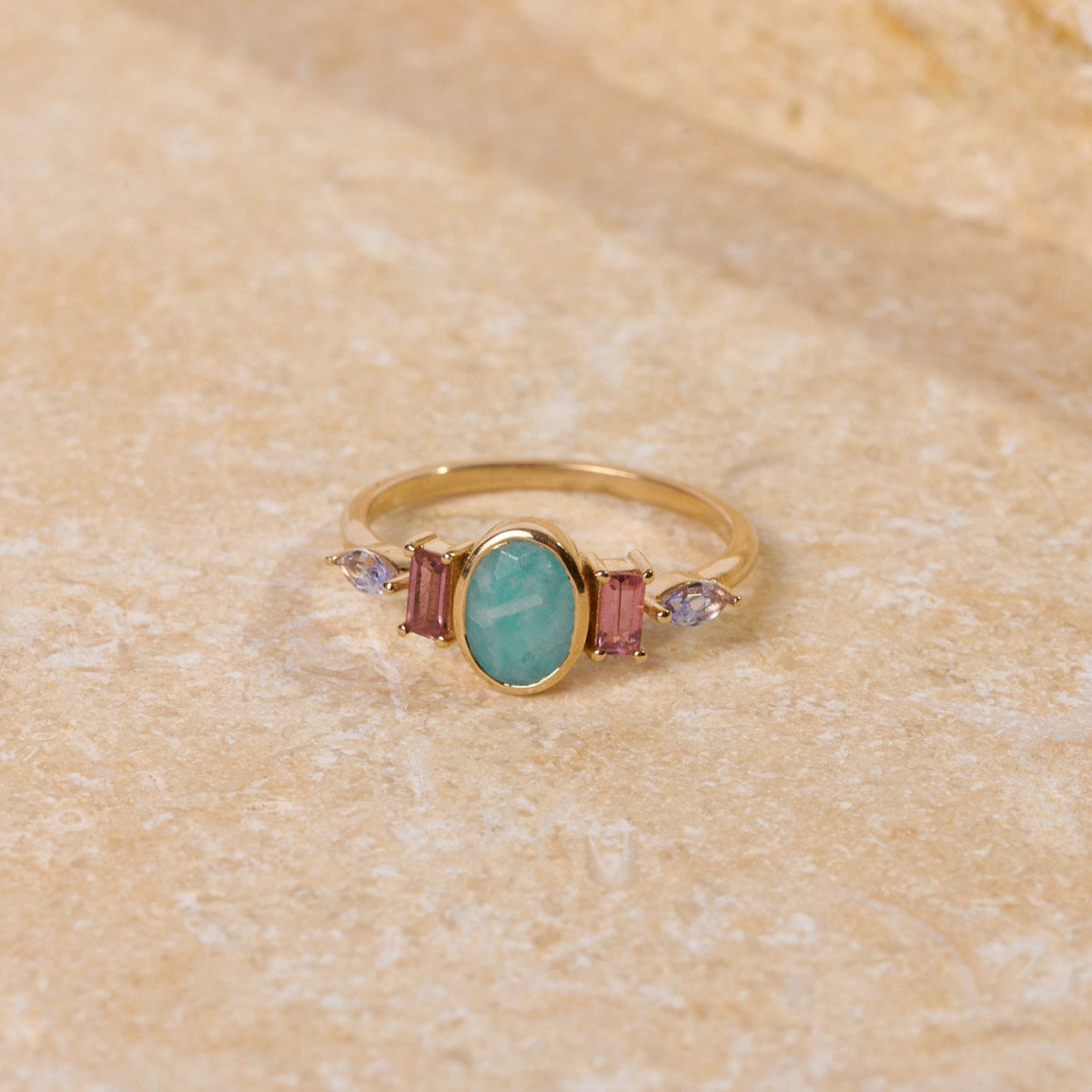 Oval Amazonite, Pink Tourmaline & Tanzanite Ring 9k Gold Size M Sample