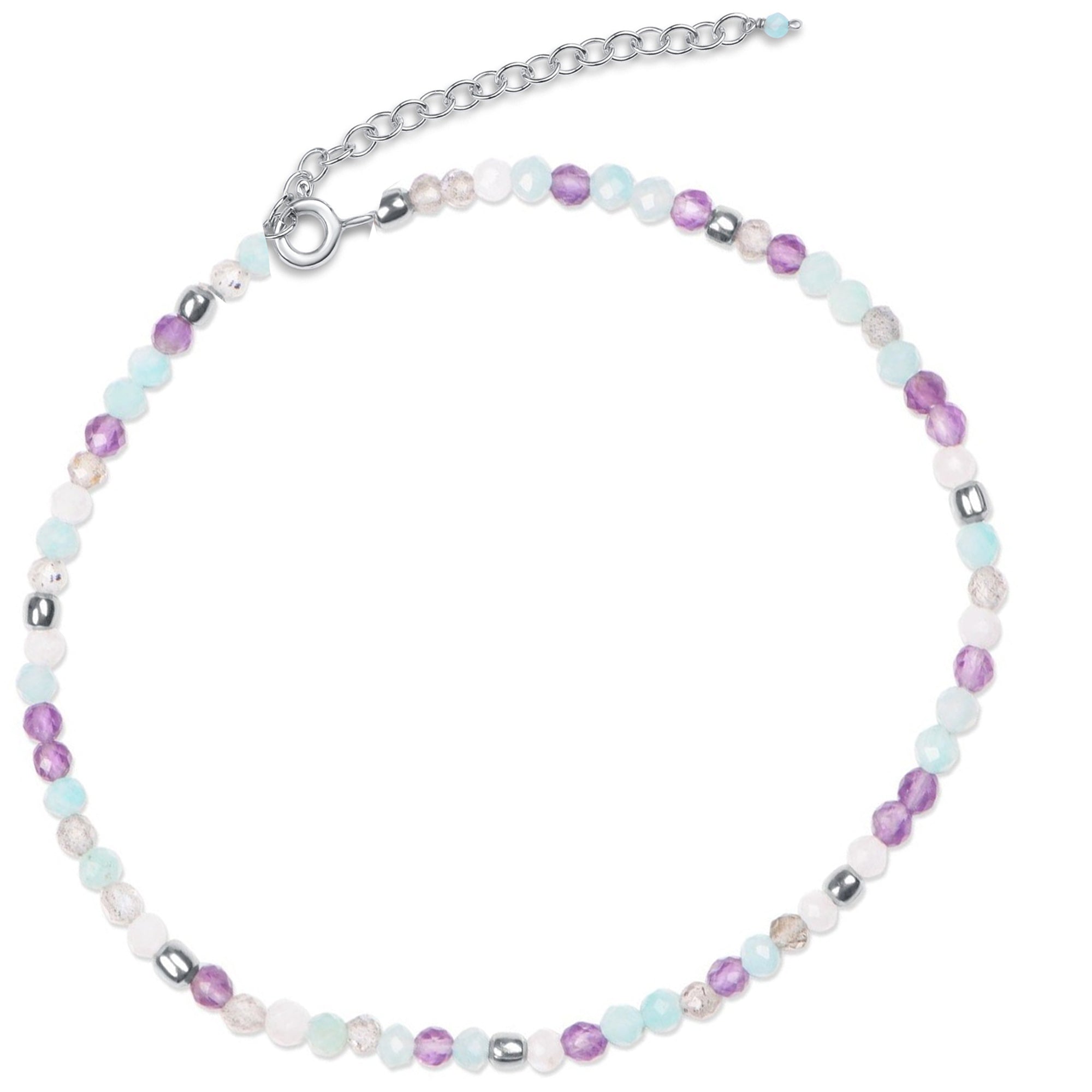 Amazonite, Labradorite & Amethyst Beaded Anklet Sterling Silver