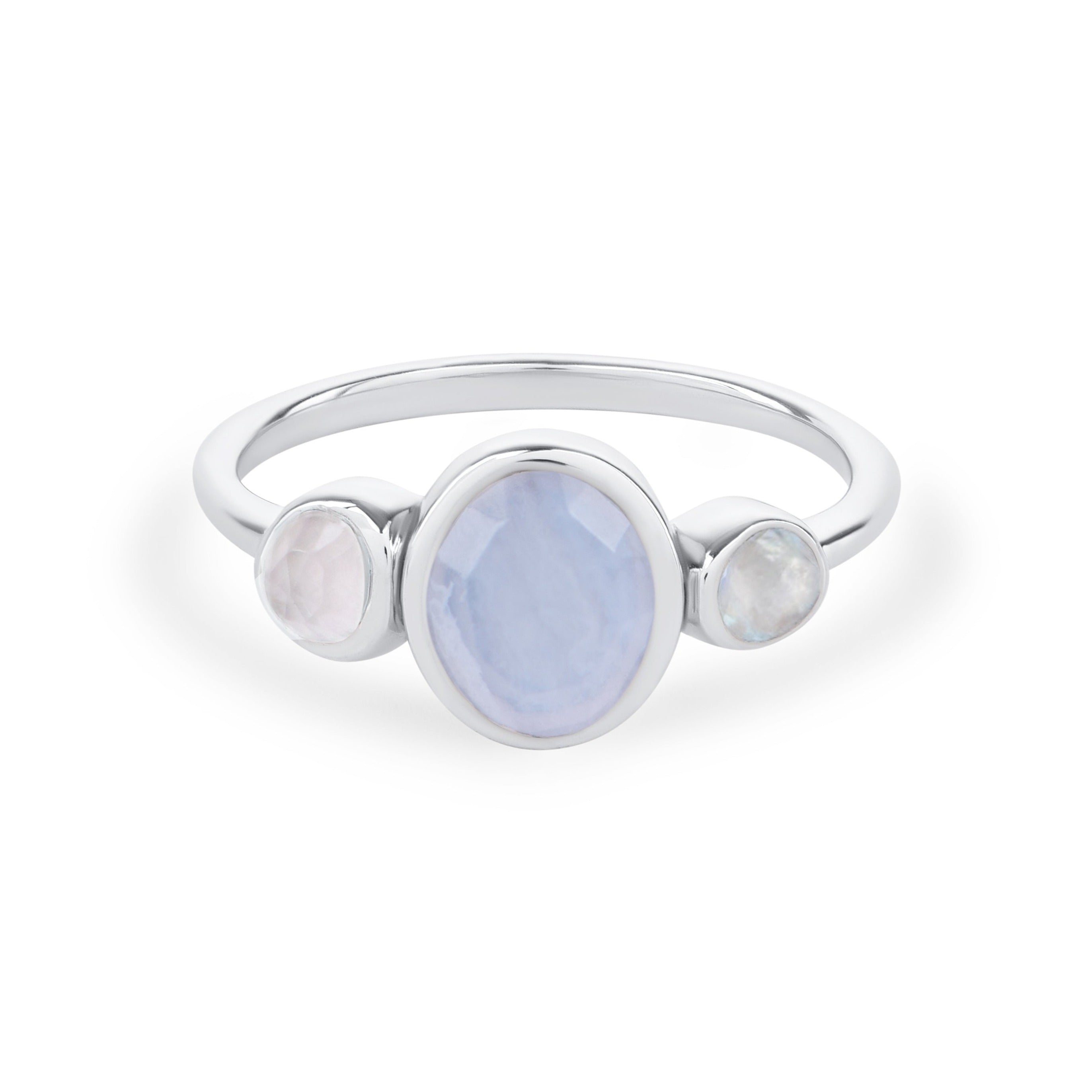 Blue Lace Agate, Rose Quartz & Moonstone Ring Sterling Silver Size M Sample