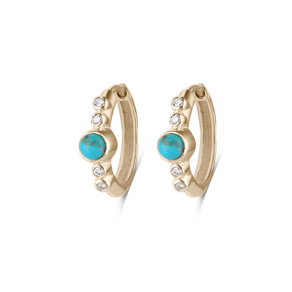 Copper Turquoise & White Sapphire Huggie Hoop Earring Pair 9k Gold