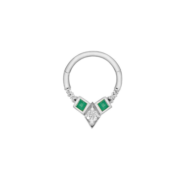 Emerald & Diamond Daith Hoop Earring 9k White Gold on white background