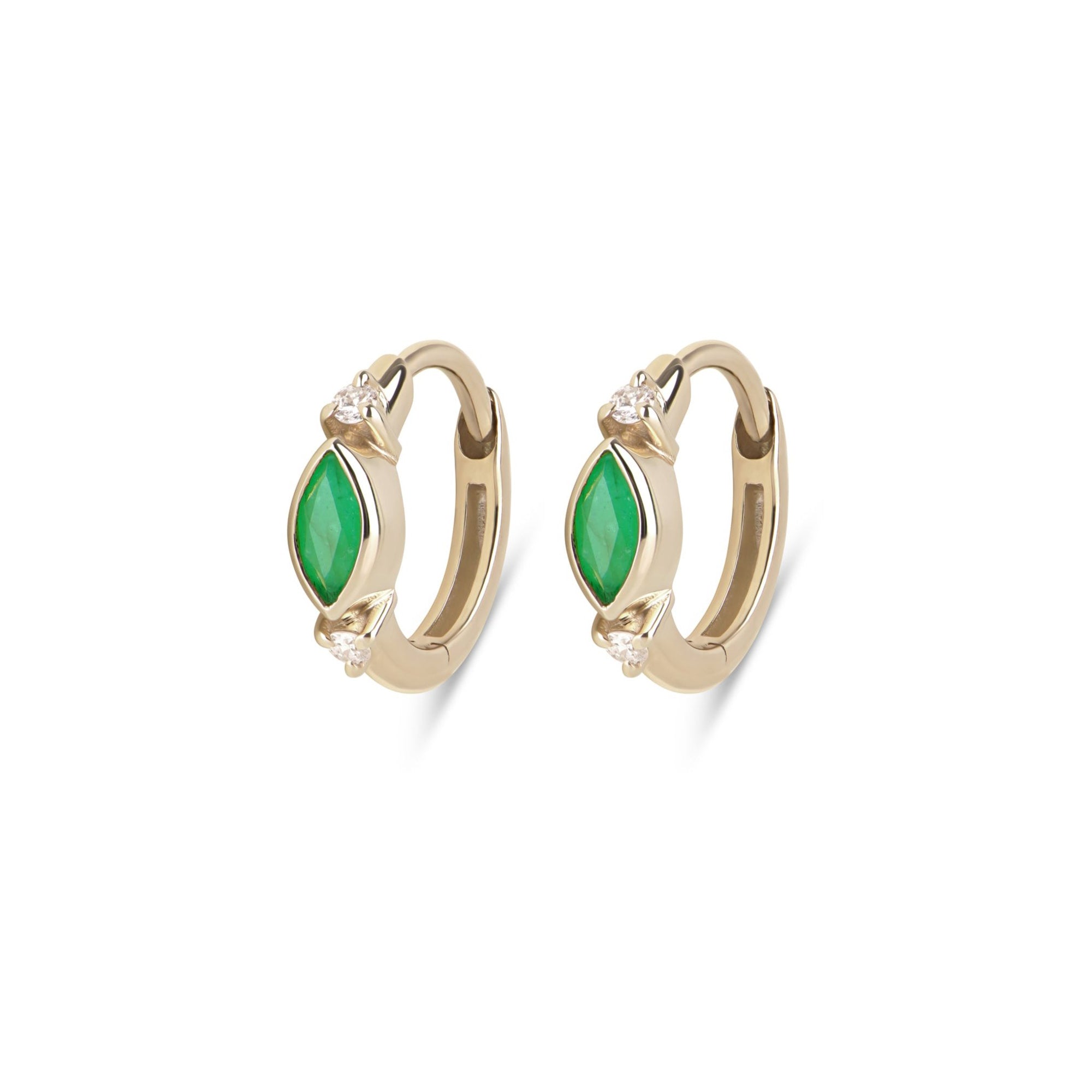 Emerald & Diamond Marquise Huggie Hoop Earring Pair 9k Gold