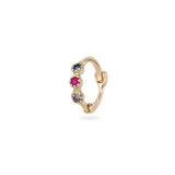 Gold hoop earring with colored gemstones on a white background