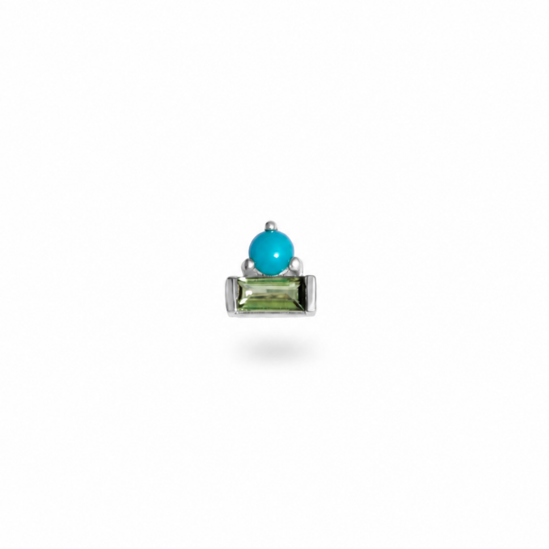 Turquoise & Green Tourmaline Baguette Flat Back Earring 14k White Gold on white background