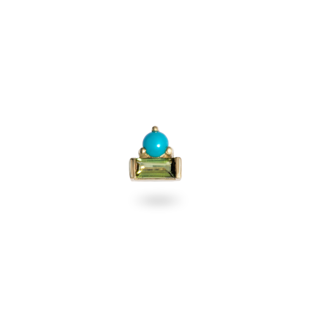Turquoise & Green Tourmaline Baguette Flat Back Earring 9k Gold on white background
