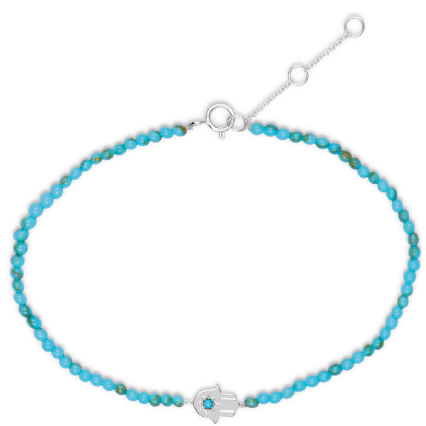 Hand of Fatima Turquoise Beaded Bracelet Sterling Silver