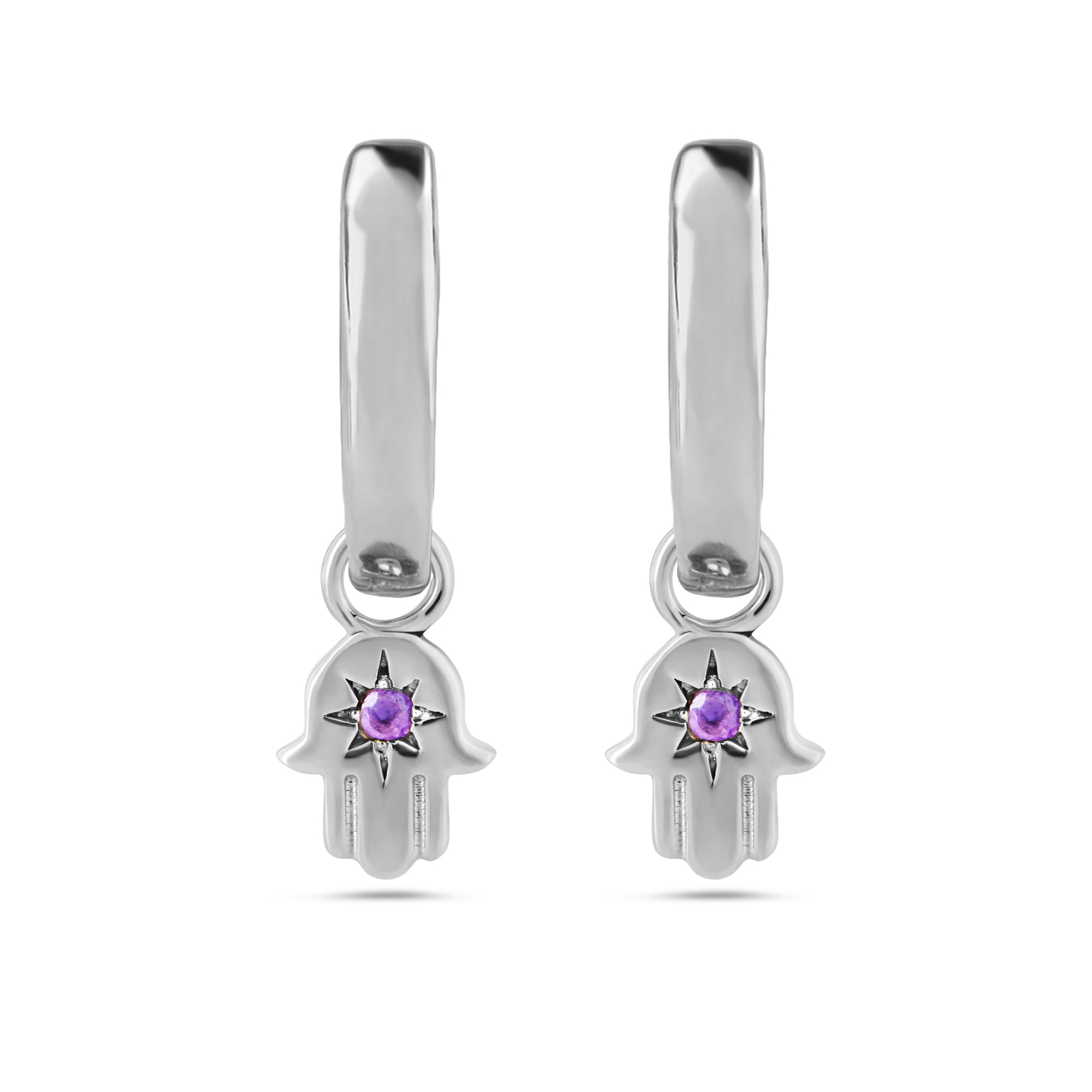 Hand of Fatima Amethyst Hoop Earrings Sterling Silver on white background