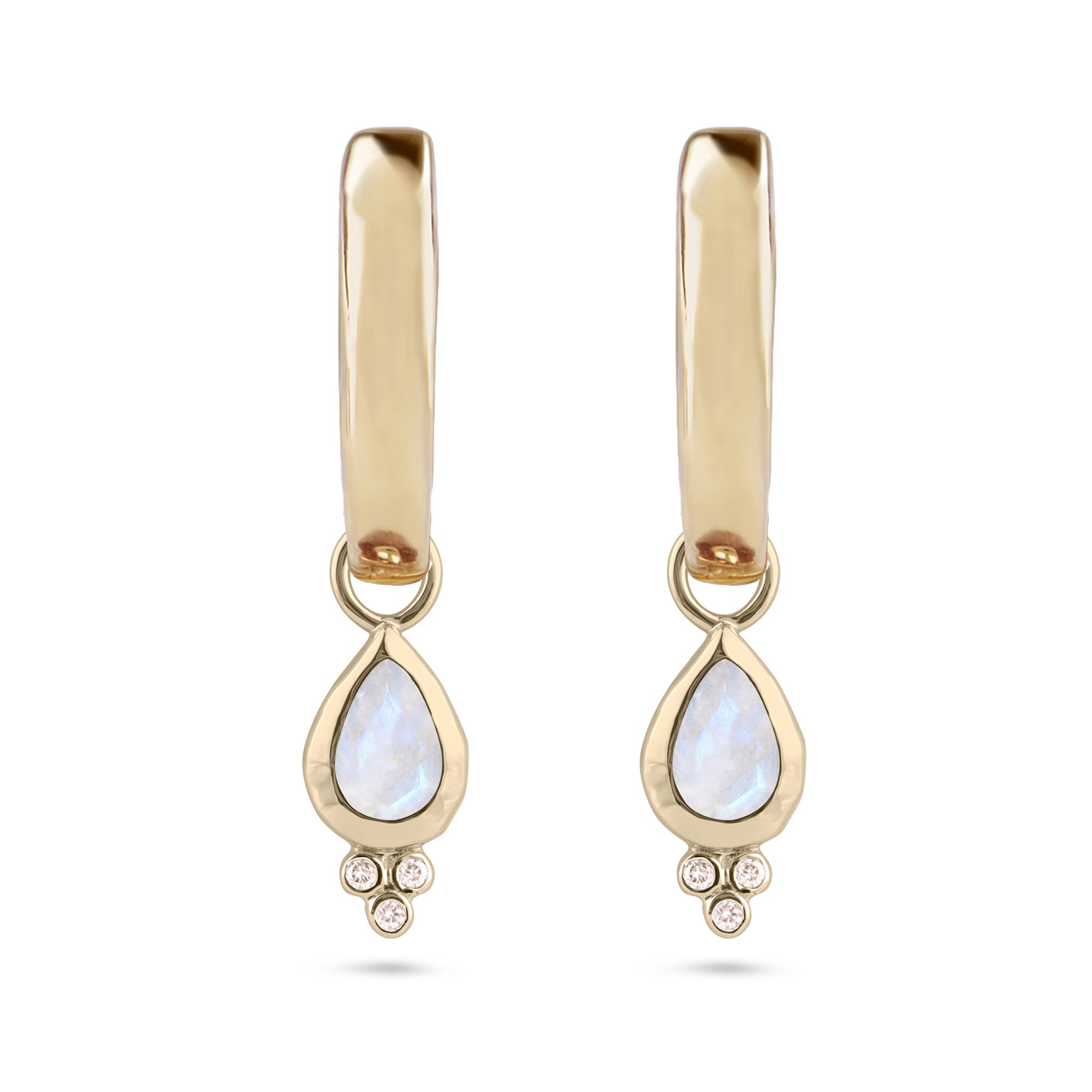 Moonstone & Diamond Tear Drop Hoop Earrings 9k Gold