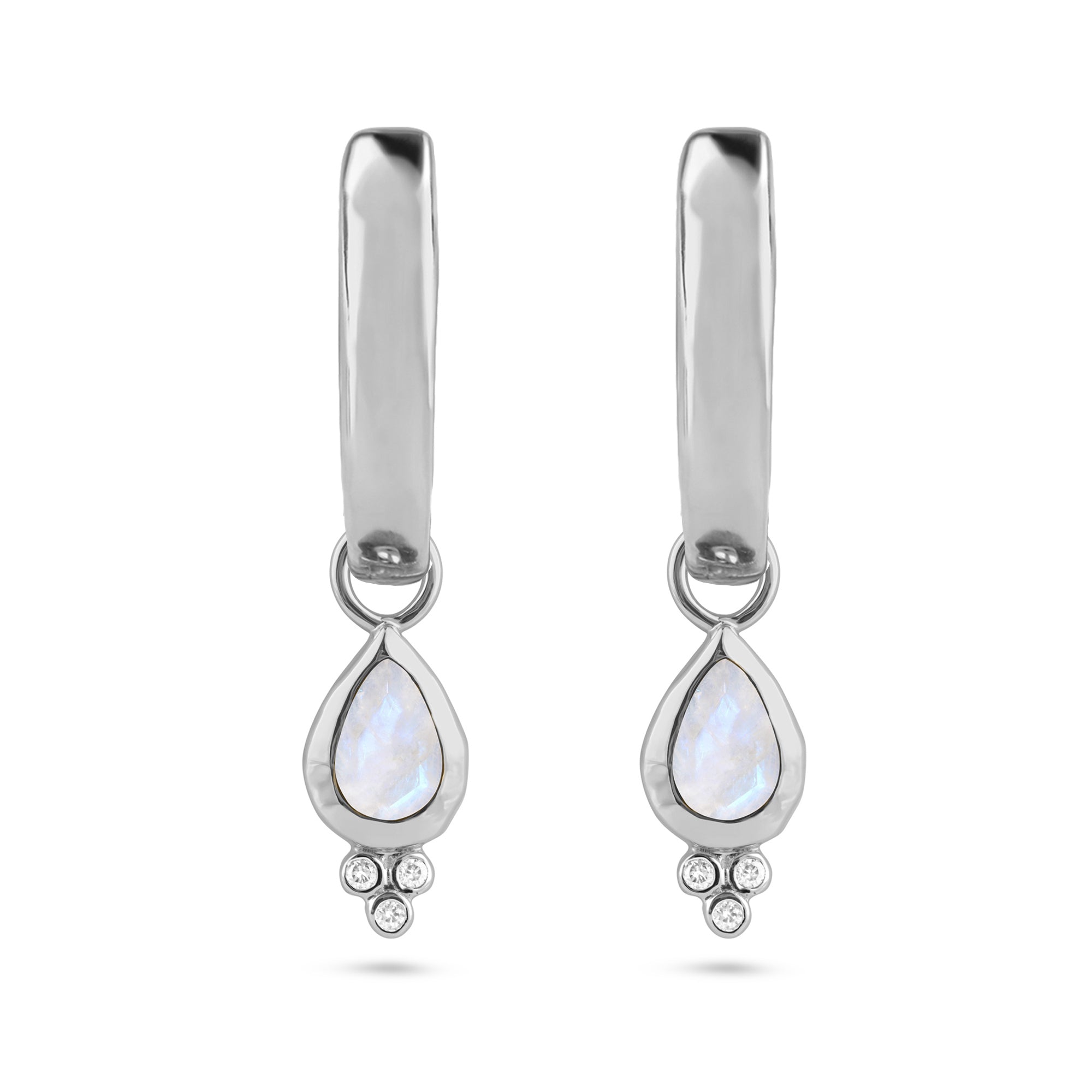 Moonstone & White Sapphire Tear Drop Hoop Earrings Sterling Silver