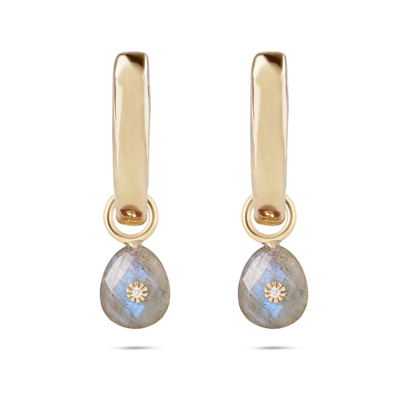 Labradorite & Diamond Hoop Earrings 9k Gold
