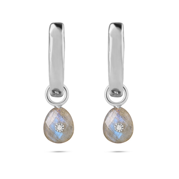 Labradorite & White Sapphire Hoop Earrings Sterling Silver