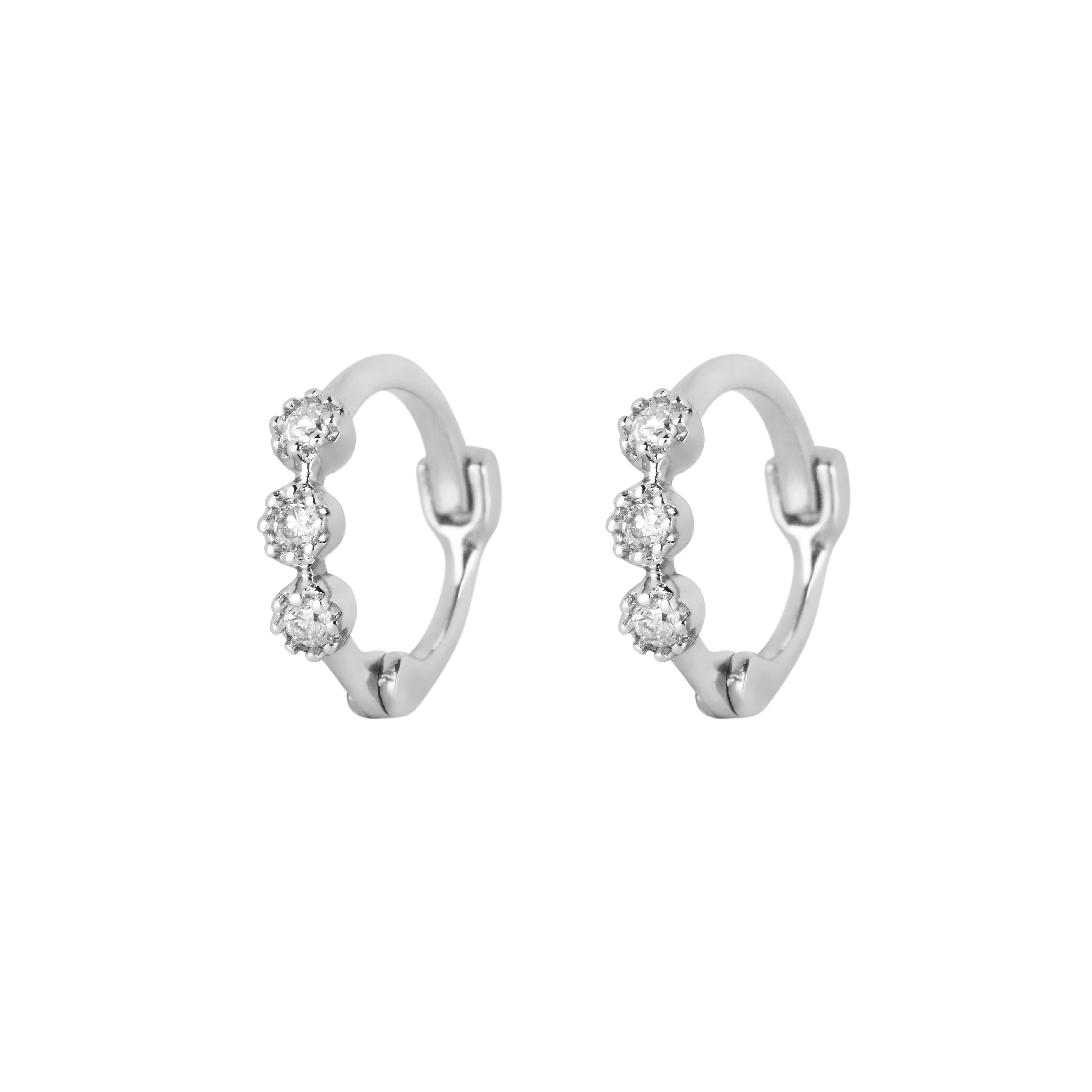 Mini Diamond Trilogy Huggie Hoop Earring Pair Sterling Silver