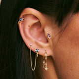Close-up of an ear with multiple gold earrings featuring gemstones.