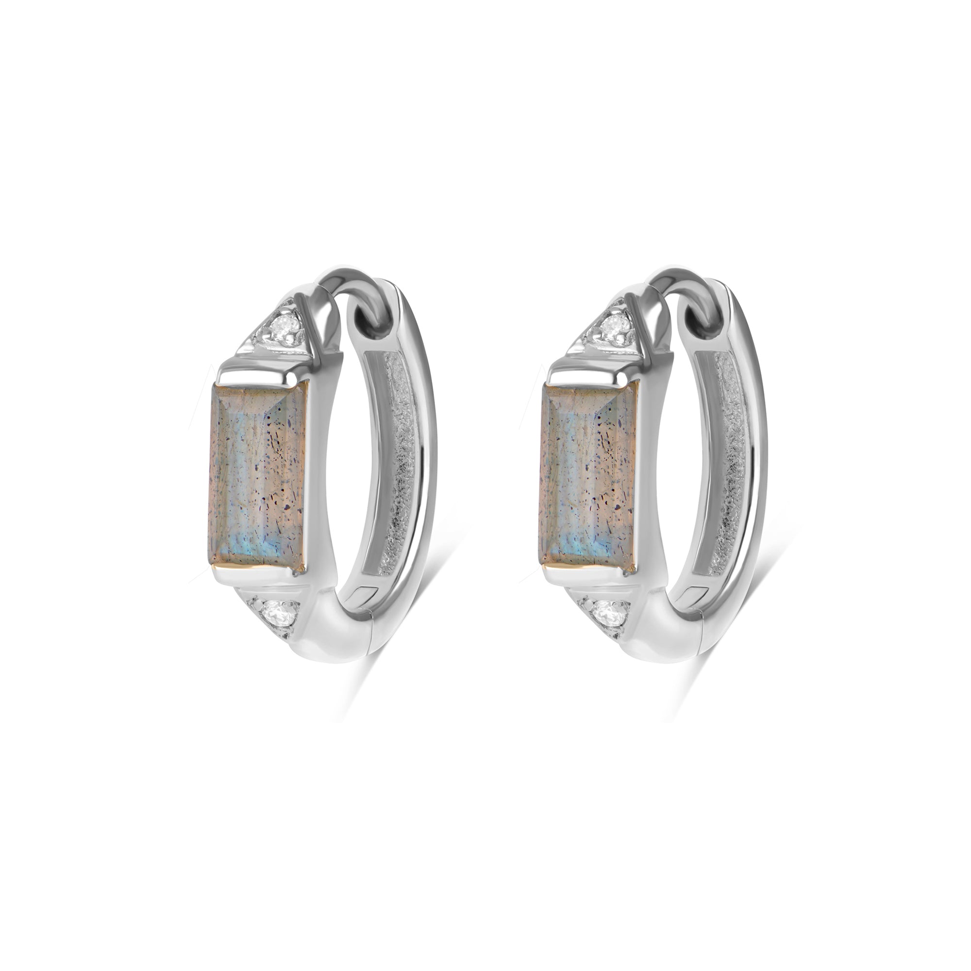 Labradorite & White sapphire Huggie Hoop Earring Pair Sterling Silver