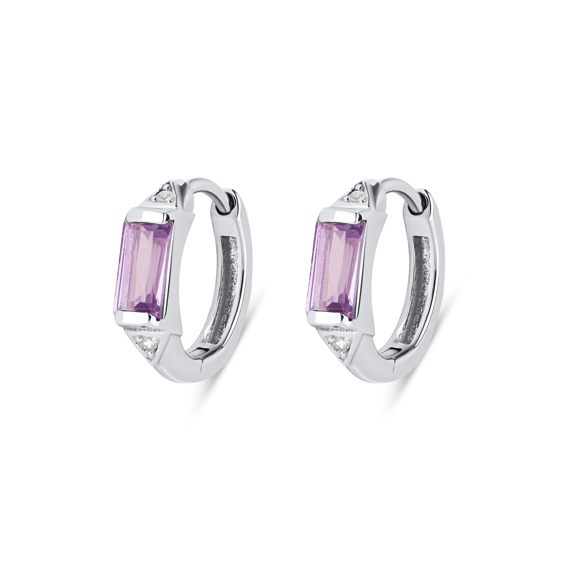 Pink Amethyst & White Sapphire Huggie Hoop Earring Pair Sterling Silver