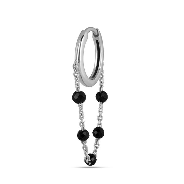 Black Onyx Bead Chain Huggie Hoop Earring Sterling Silver